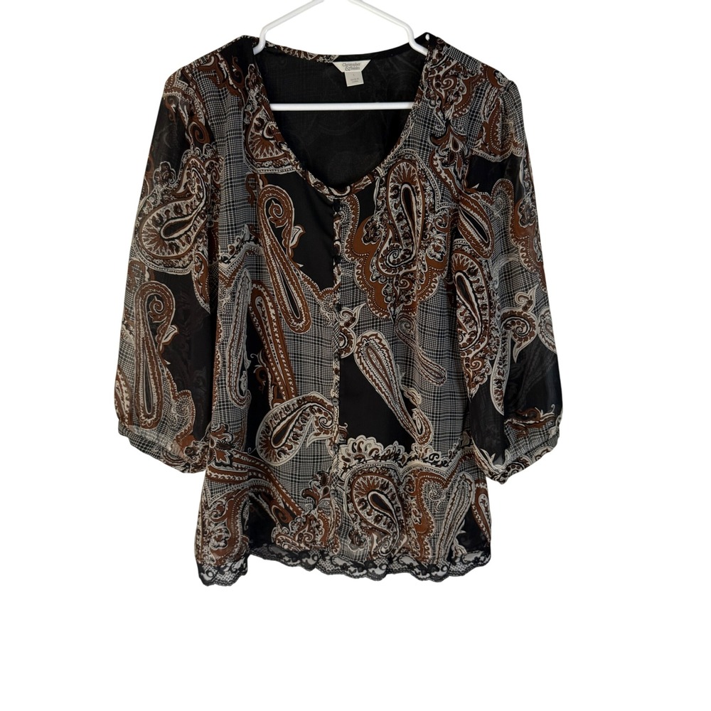 Christopher & Banks Y2k‎ Paisley Sheer Blouse L 3/4 Lace Boho Grunge Western